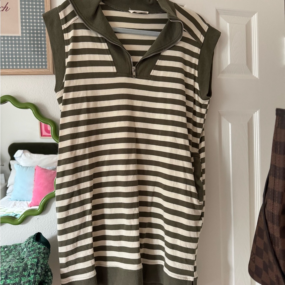 Sleeveless Olive & Cream Striped T-shirt dress